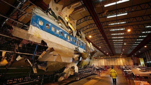 The wreckage of Pan Am flight 103 was reconstructed in a warehouse in Farnborough