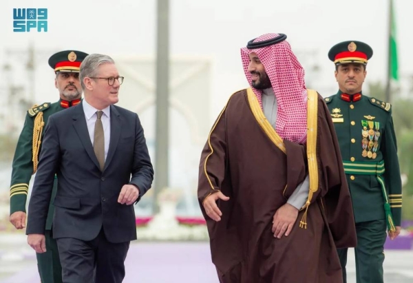 Saudi Crown Prince and Prime Minister Mohammed bin Salman receives British Prime Minister Keir Starmer at Al-Yamamah Palace in Riyadh on Monday.