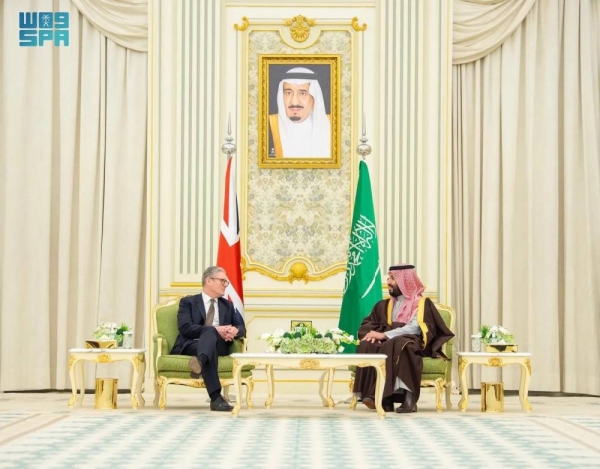 Saudi Crown Prince and Prime Minister Mohammed bin Salman receives British Prime Minister Keir Starmer at Al-Yamamah Palace in Riyadh on Monday.