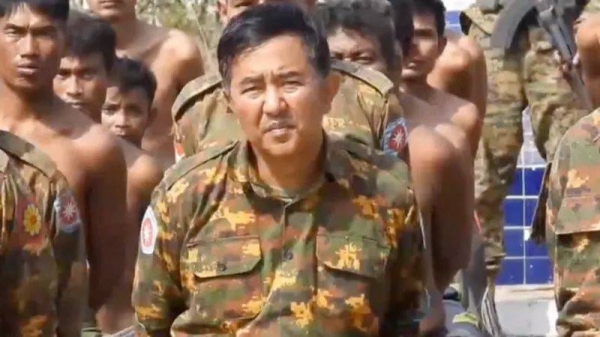 Brigadier-General Thurein Tun (center) appeared as a prisoner in the Arakan Army footage