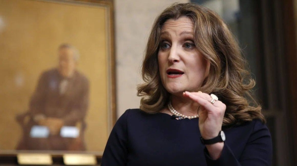 Chrystia Freeland, Canada's deputy prime minister and finance minister, during a television interview after tabling the federal budget in Ottawa on April 16, 2024