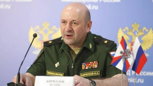 Maj. Gen. Igor Kirillov, the chief of the Russian military's radiation, chemical and biological protection unit, attends a briefing in Kubinka Patriot park outside Moscow. -