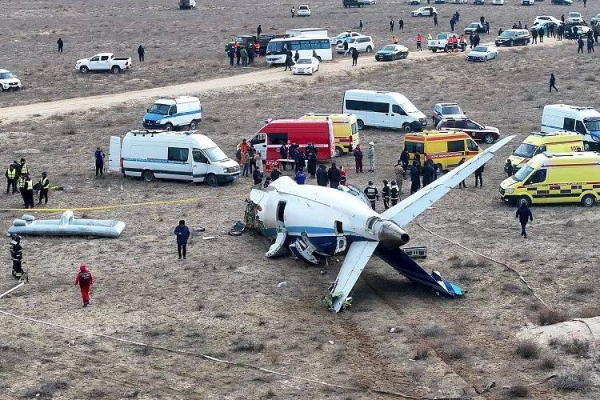 The wreckage of Azerbaijan Airlines Embraer 190 lies on the ground near the airport of Aktau, 25, December, 2024