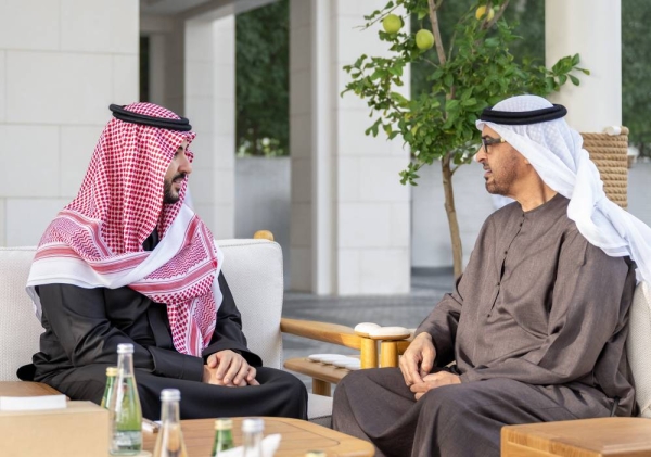 Saudi Minister of Defense Prince Khalid bin Salman holds talks with United Arab Emirates President Sheikh Mohamed bin Zayed Al Nahyan in Abu Dhabi on Tuesday.