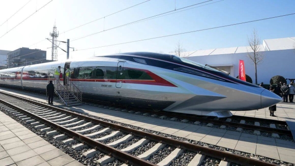 The CR450AF bullet train prototype shown on a track in Beijing