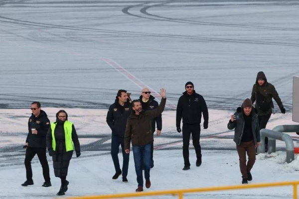 Donald Trump Jr., center, gestures as he arrives in Nuuk, Greenland, Tuesday, Jan. 7, 2025