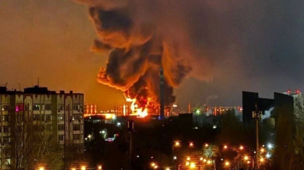 A huge fire rises from an oil depot in Engels, Russia, after a Ukrainian drone strike overnight into Wednesday