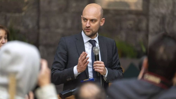 French Foreign Minister Jean-Noel Barrot meets with representatives of civil society during an official visit, in Damascus, Syria, Friday, Jan. 3,