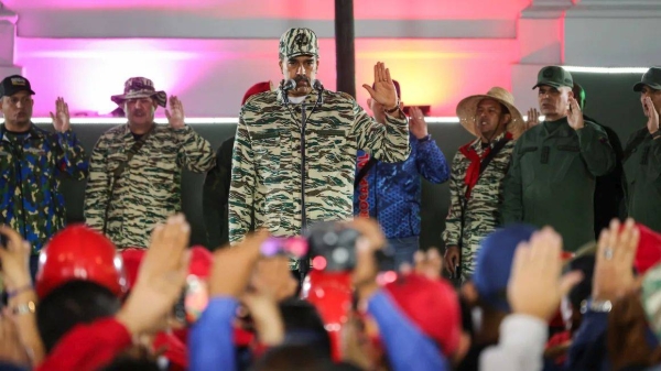 President Nicolas Maduro swears in the combat forces during a pro-government rally on January 7, 2025 in Caracas, Venezuela