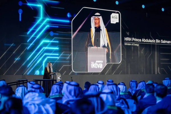 Minister of Energy Prince Abdulaziz bin Salman addressing the iktva Forum & Exhibition 2025, organized by Saudi Aramco, in Dhahran on Monday.
