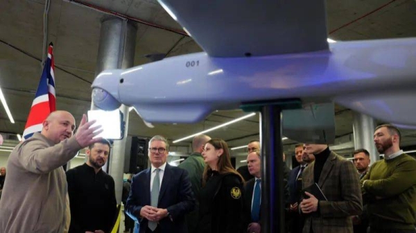 Sir Keir Starmer (centre) and Ukrainian President Volodymyr Zelensky (2nd left) attended a presentation of Ukrainian military drones