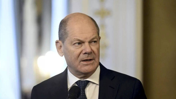 German Chancellor Olaf Scholz gives a statement during the summit of the Baltic Sea NATO countries in Helsinki, Finland, Tuesday, Jan. 14, 2025