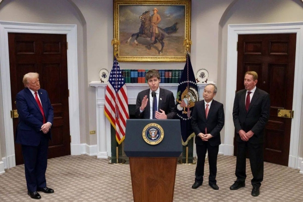 OpenAI CEO Sam Altman, accompanied by President Donald Trump, Oracle CTO Larry Ellison (R), and SoftBank CEO Masayoshi Son (2nd-R), at the announcement of an investment in AI infrastructure