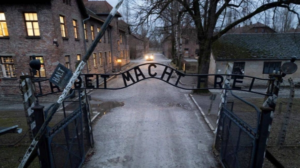 The entrance gate to the former Nazi German concentration and extermination camp Auschwitz pictured on January 10