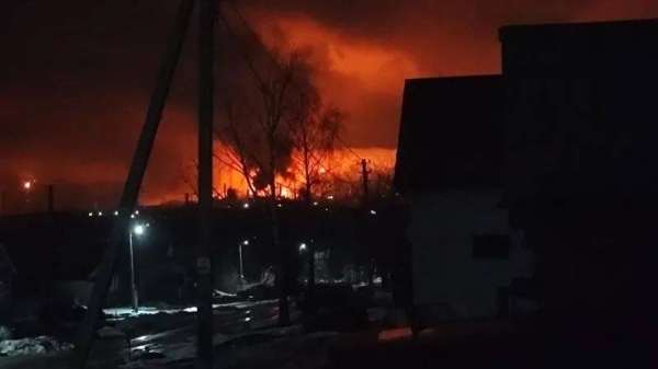 Social media users posted photos of flames rising into the sky near the Lukoil company depot in Kstovo