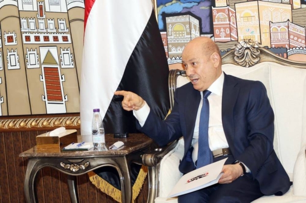 Yemeni President Dr. Rashad Al-Alimi speaking to Okaz Editor-in-Chief Jameel Altheyabi during an interview in Riyadh.