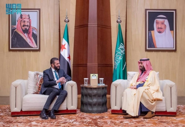 Saudi Crown Prince and Prime Minister Mohammed bin Salman receives Syria's President Ahmed al-Sharaa at his office in Riyadh on Sunday.
