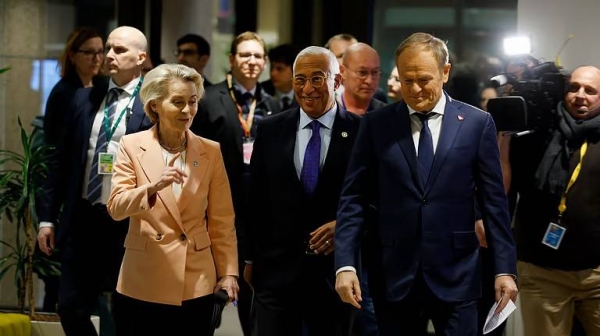 European Commission President Ursula von der Leyen, left, European Council President Antonio Costa, center, and Poland's Prime Minister Donald Tusk arrive at the European Council building after an EU summit in Brussels, Monday.