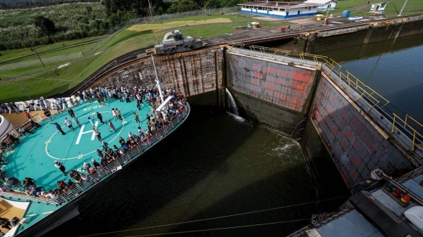 A ship passing through locks on the Panama canal