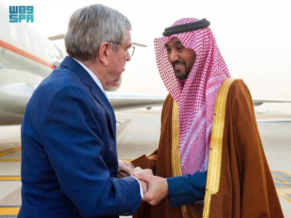 Saudi Minister of Sports Prince Abdulaziz bin Turki Al-Faisal receives International Olympic Committee President Thomas Bach in Riyadh on Saturday.
