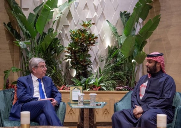 Saudi Crown Prince and Prime Minister Mohammed bin Salman holds talks with International Olympic Committee President Dr. Thomas Bach at Al-Yamamah Palace in Riyadh on Sunday.