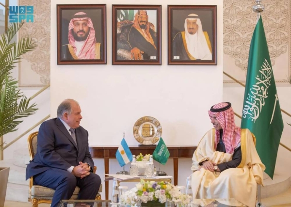 Saudi Minister of Foreign Affairs Prince Faisal bin Farhan meets Argentinean Minister of Foreign Affairs, International Trade, and Worship Gerardo Werthein in Riyadh on Sunday.