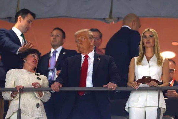 Donald Trump looks on during Super Bowl LIX at Caesars Superdome on February 9 in New Orleans