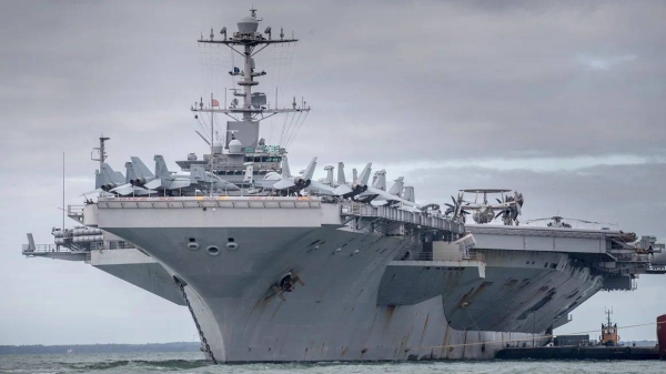 The US warship USS Harry S. Truman is pictured anchored in The Solent on October 8, 2018, near Portsmouth, England