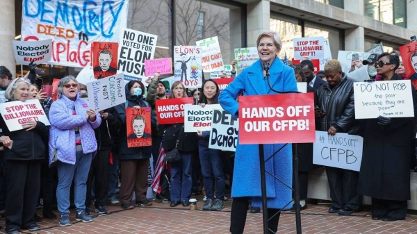 Sen. Elizabeth Warren speaks at a rally to protest the closing of the Consumer Financial Protection Bureau and the work-from-home order issued by CFPB Director Russell Vought outside its headquarters on February 10, 2025