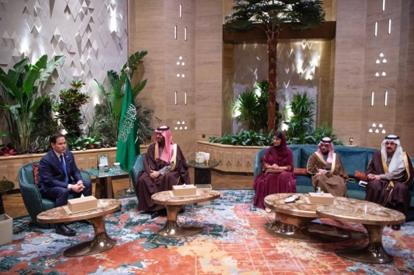 Saudi Crown Prince and Prime Minister Mohammed bin Salman holds talks with US Secretary of State Marco Rubio at Al-Yamamah Palace in Riyadh on Monday.