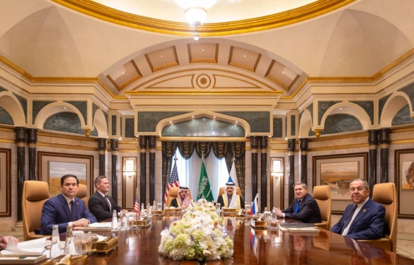 U.S. Secretary of State Marco Rubio and Russian Foreign Minister Sergey Lavrov shake hands following their meeting in Riyadh.