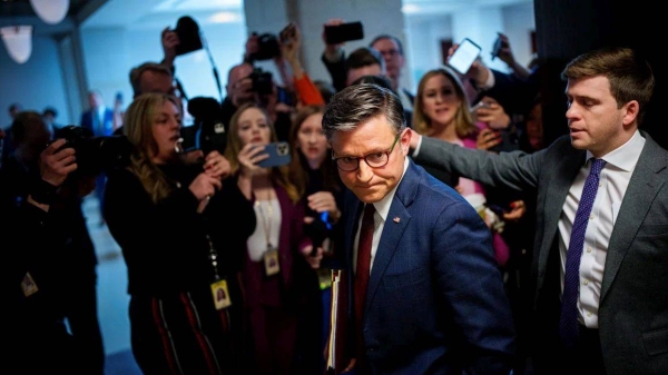 House Speaker Mike Johnson departs after speaking to reporters following a House Republican caucus meeting at the US Capitol on February 25 in Washington.