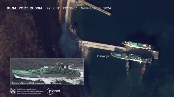 A Russian landing ship comes and goes from the port of Dunai, in Russia’s far east, on November 30. Researchers have been tracking Russian ships believed to be used for transfers of North Korean troops