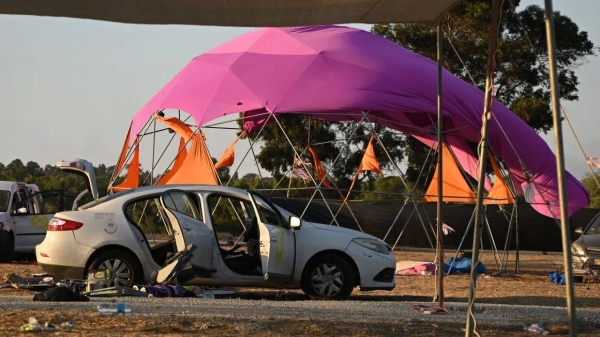 The aftermath of the Hamas attack at the Nova music festival site, pictured on October 12, 2023