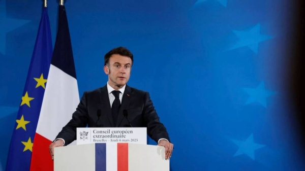 French President Emmanuel Macron speaks during a media conference at an EU Summit in Brussels, Thursday, March 6, 2025