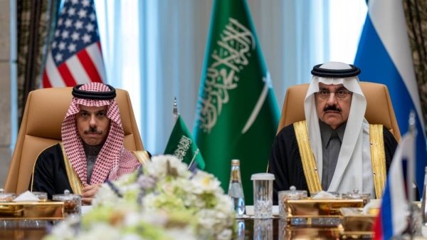 Saudi officials attend a peace meeting between the United States and Russia in Riyadh last month.