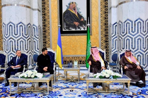 Ukrainian President Volodymyr Zelenskyy is received in Jeddah by Prince Saud bin Mishaal, deputy Emir of Makkah region, and Saudi Commerce Minister Majid Al-Qasabi upon his arrival to the Kingdom.