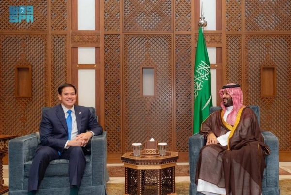 Saudi Crown Prince and Prime Minister Mohammed bin Salman holds talks with U.S. Secretary of State Marco Rubio at Al-Salam Palace in Jeddah on Monday.