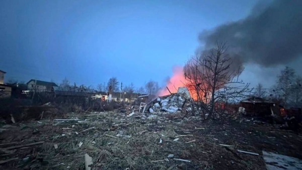 This photo released by Moscow Region Governor Andrei Vorobyev official telegram channel shows the site where one of the shot down Ukrainian drones fell, outside Moscow, Russia