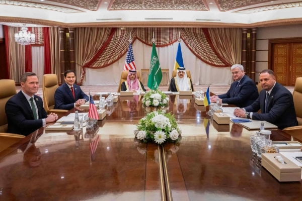 U.S Secretary of State Marco Rubio, U.S National Security Advisor Mike Waltz, Ukrainian Foreign Minister Andrii Sybiha and Ukrainian Head of Presidential Office Andriy Yermak hold a meeting in the presence of Saudi Foreign Minister Faisal bin Farhan and National Security Advisor Mosaad bin Mohammad Al-Aiban, in Jeddah on Tuesday.