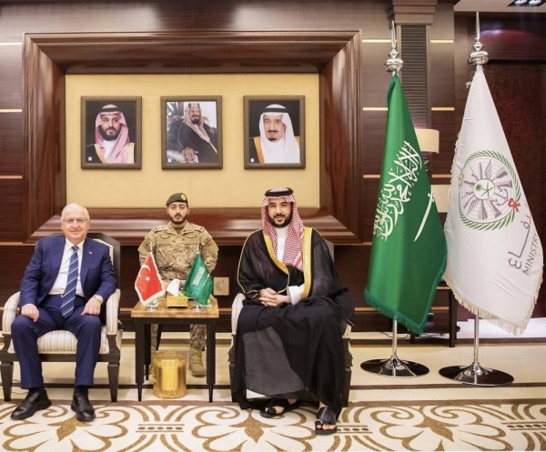 Saudi Arabia’s Minister of Defense Prince Khalid bin Salman bin Abdulaziz with Turkish Minister of National Defense Yasar Guler at his office in Jeddah. (SPA)