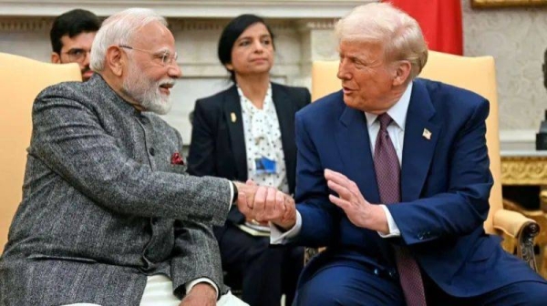 Donald Trump (right) and Narendra Modi met at the White House for talks in February