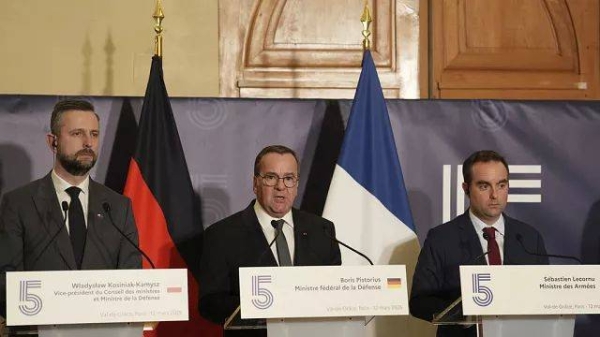 Defense ministers Wladyslaw Kosiniak-Kamysz, Boris Pistorius, and Sebastien Lecornu, attended a press conference in Paris