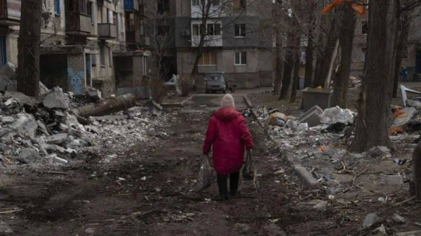 The remains of a residential building destroyed by a Russian attack in Kostiantynivka, Donetsk, this week