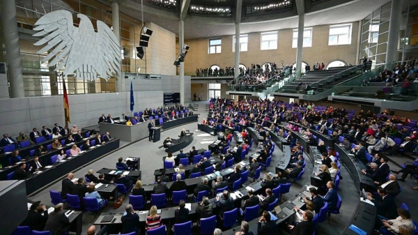 Friedrich Merz, leader of Germany's Christian Democratic Union, speaks during a session of the lower house of parliament on March 18, 2025, in Berlin