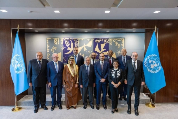 Members of the Arab – Islamic Ministerial Committee, led by Saudi Foreign Minister Prince Faisal bin Farhan, during their meeting with UN Secretary General António Guterres at the UN headquarters in New York (File photo).