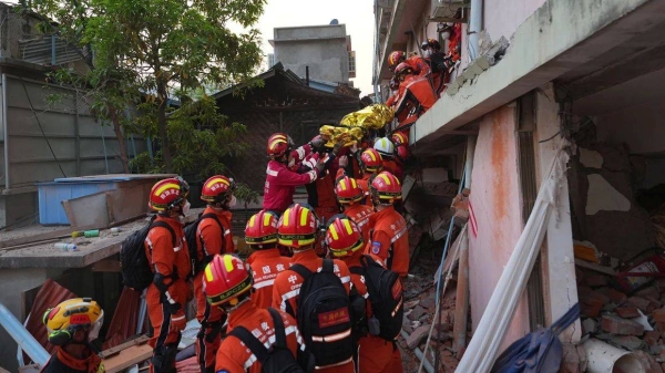 A 53-year-old man was saved by Myanmar fire officials and a Chinese rescue team on Wednesday, 125 hours after he became trapped in the debris of a toppled hotel