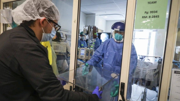 Medical staff at Boston Medical Center in Boston during the coronavirus pandemic on April 30, 2020
