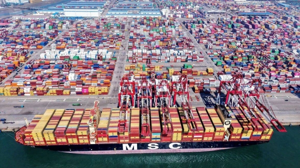 A container ship is seen at the port in Qingdao, in China's eastern Shandong province on April 15, 2025