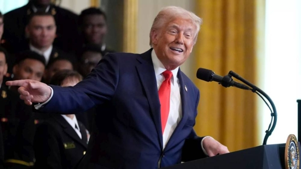 President Donald Trump speaks during the Commander-in-Chief trophy presentation to the Navy Midshipman football team in the East Room of the White House, 15 April, 2025